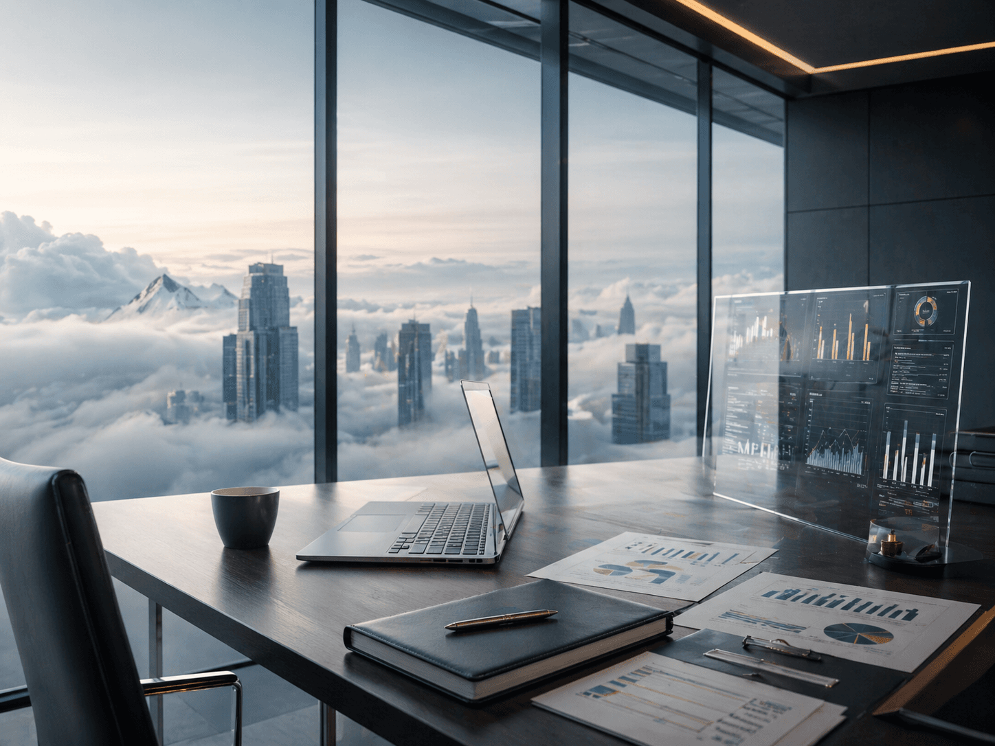 Futuristic office desk with laptop and data displays overlooking a city above the clouds.